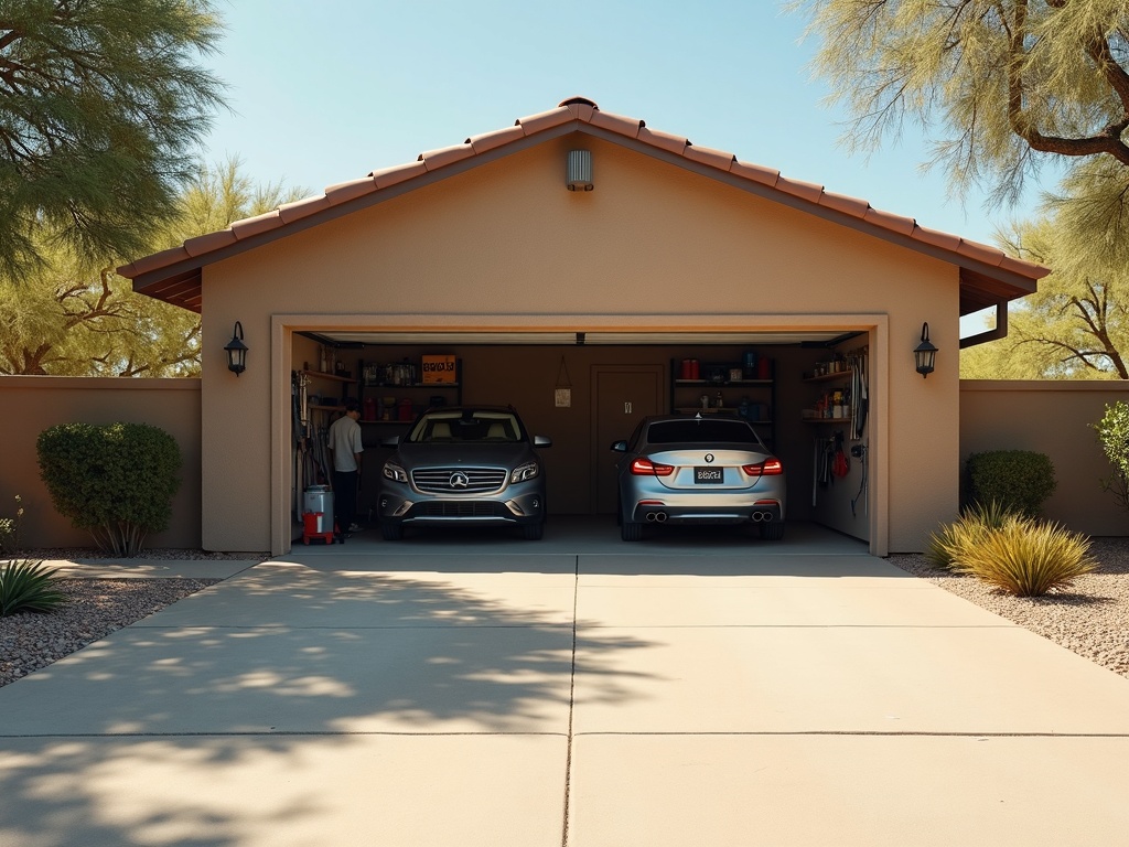 A freshly repaired residential garage door operating smoothly and fully open after a professional garage door repair service.