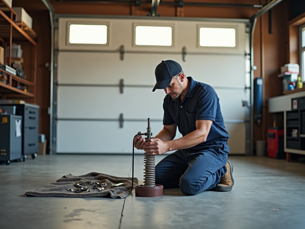 A technician performing northwest garage door repair by replacing a broken torsion spring on a residential steel garage door in Scottsdale, Arizona.
