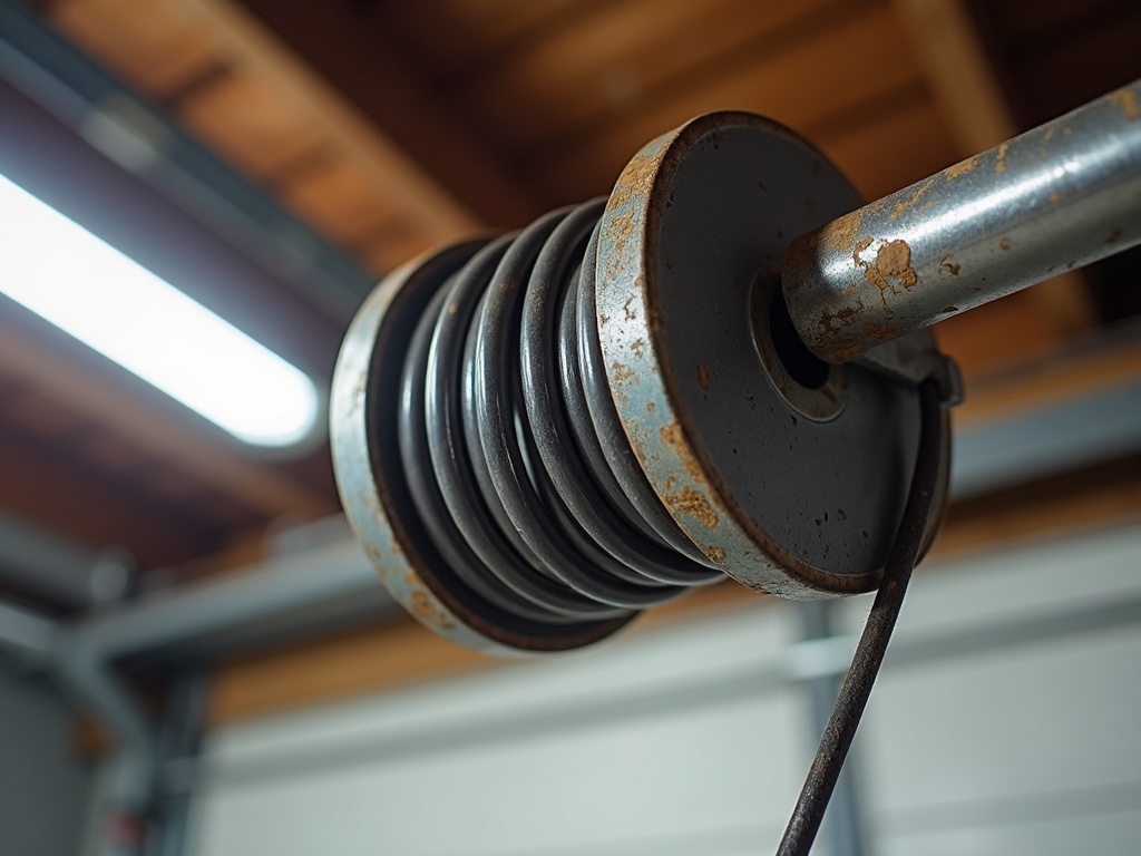 Torsion spring and cable drum hardware on a garage door system requiring Sommer garage door repair service in the Phoenix metro area