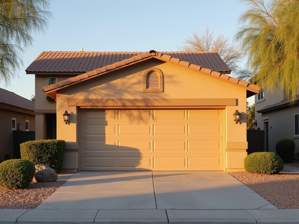 A well-maintained residential garage door in the Phoenix metro area after northwest garage door repair service, showing smooth panels, aligned tracks, and new weatherstripping.