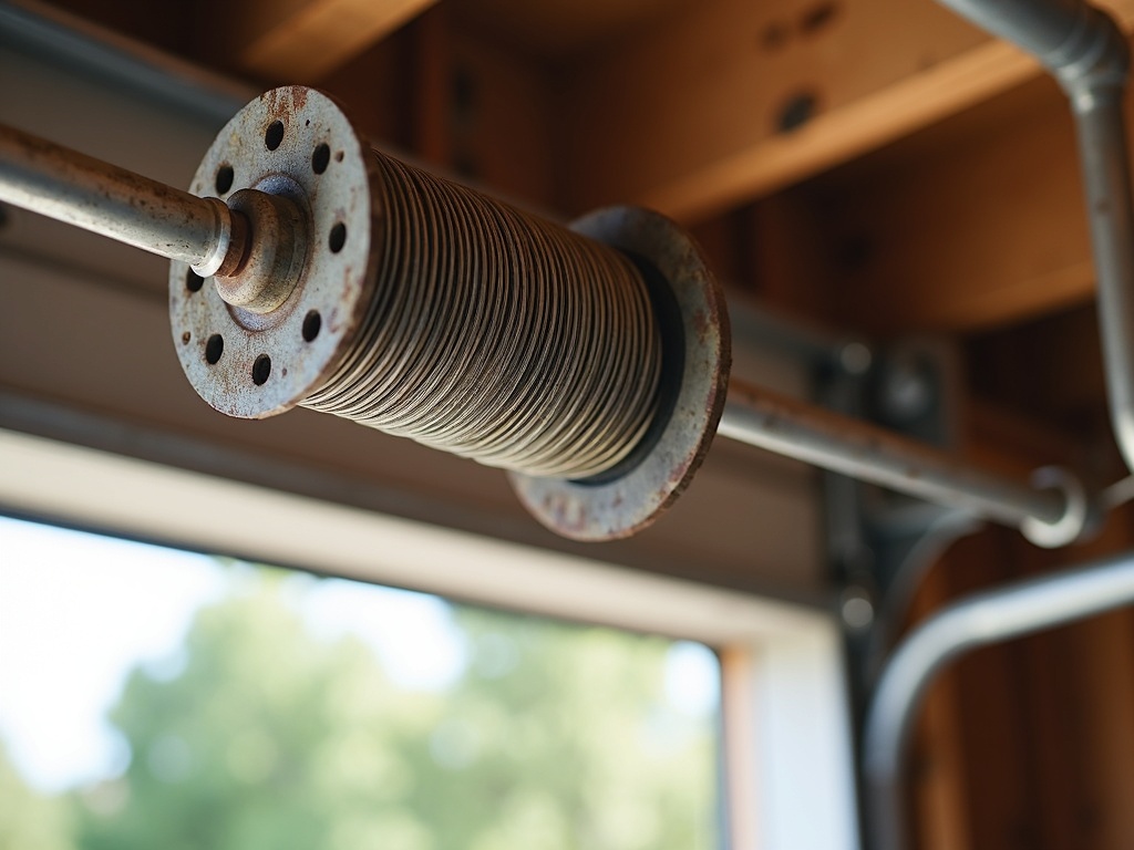 Torsion spring and cable drum assembly on a residential garage door system being evaluated during a Marantec garage door repair service call