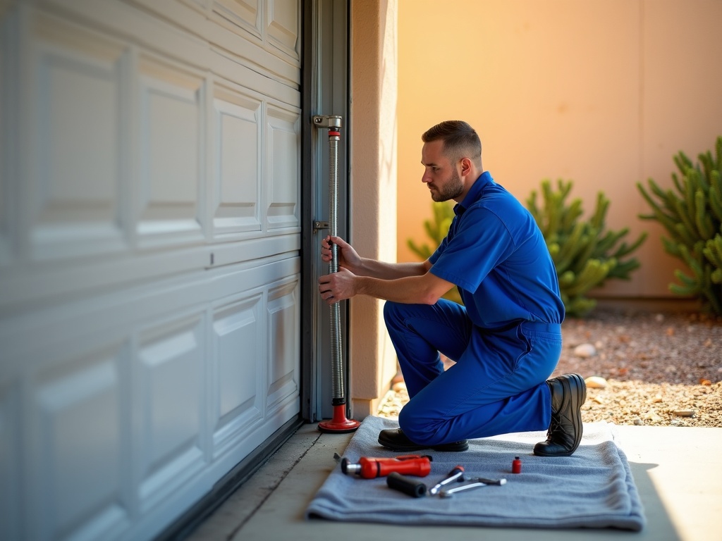 DURA-LIFT Garage Door Repair A male technician in a blue uniform kneels beside a white sectional garage door, adjusting the side track hardware with tools laid out on a cloth beside him.