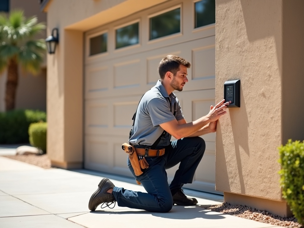 Multicode Garage Door Repair A smiling male technician wearing a tool belt kneels beside a residential garage door while installing a wall-mounted keypad entry panel.