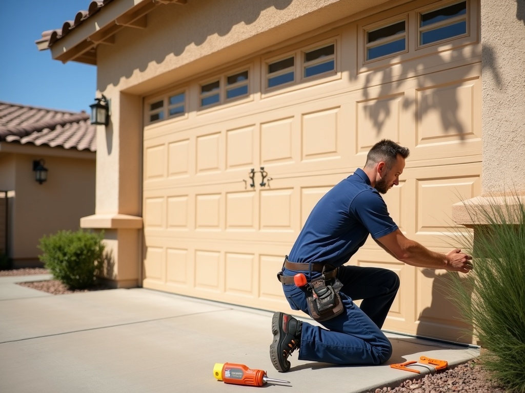 A male technician in a blue uniform kneels on a driveway while inspecting and repairing the side panel of a beige residential garage door.