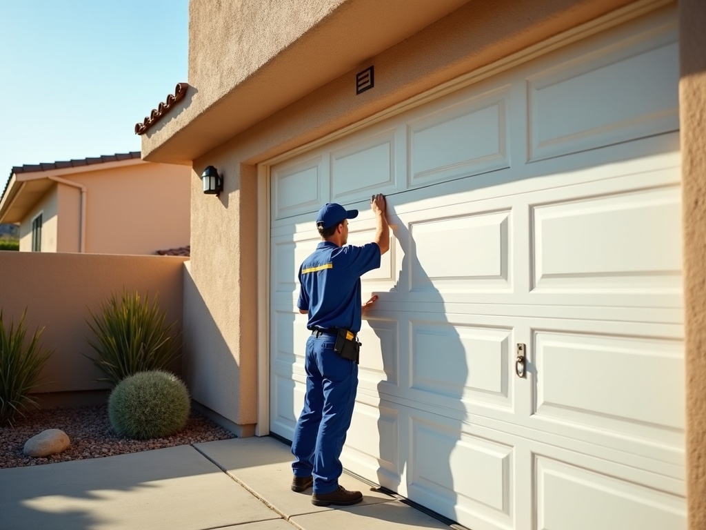 Haas Garage Door Repair A uniformed garage door technician in blue coveralls inspects or adjusts a white raised-panel garage door on a tan stucco home in a desert landscape.