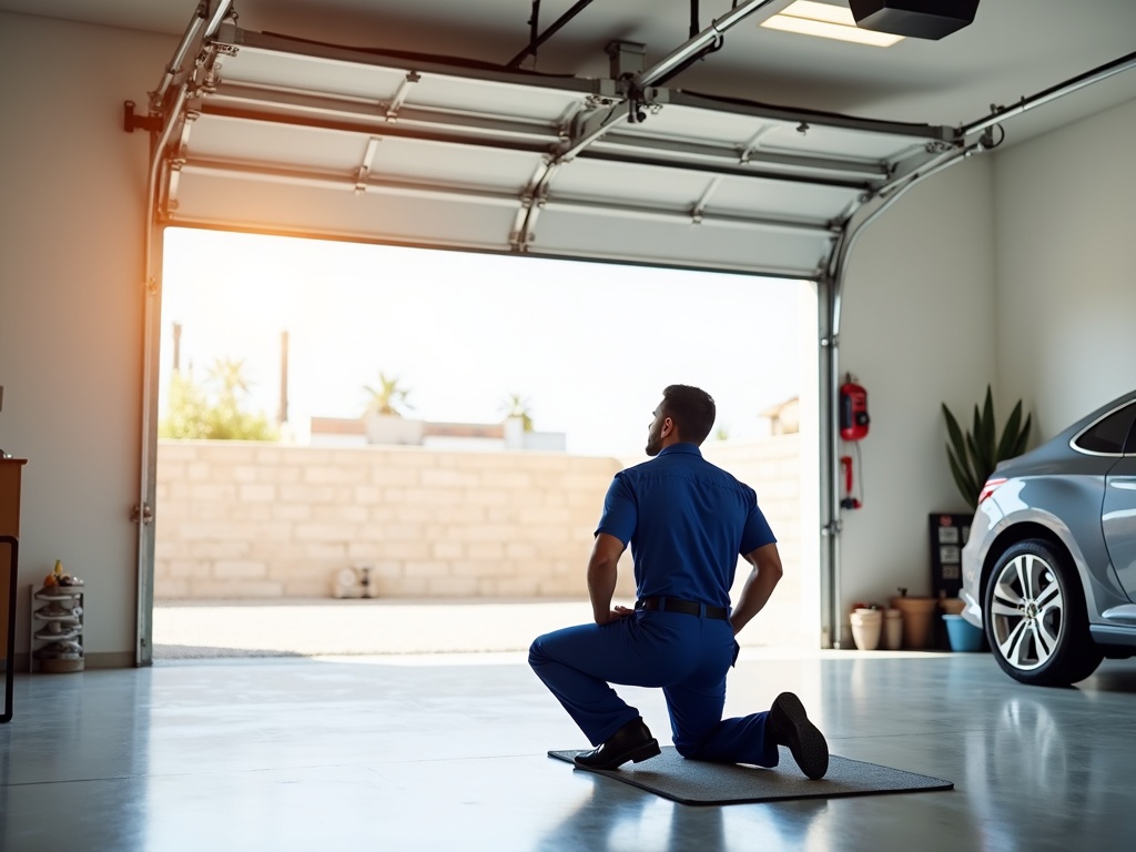 LiftMaster Garage Door Repair A male technician in a blue uniform kneels on the garage floor inspecting an open residential garage door from the inside.