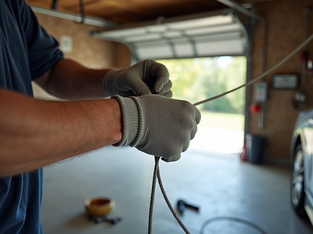 A skilled technician replacing a frayed cable during a Clopay garage door repair service at a home in Scottsdale Arizona