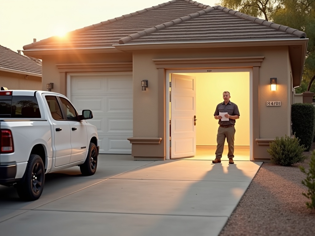 Multicode Garage Door Repair A local technician completing a multicode garage door repair service call at a desert suburban home in the Phoenix metro area