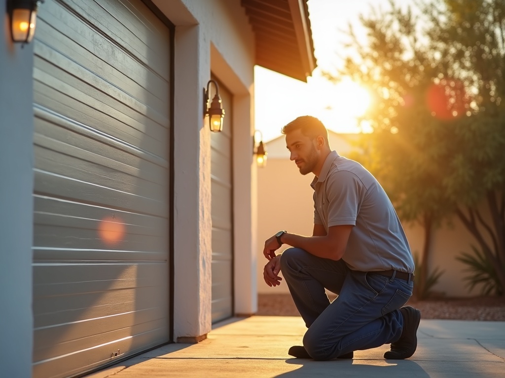 Prime-Line Garage Door Repair A male technician crouching and examining two white garage doors on a residential home during golden hour sunlight.
