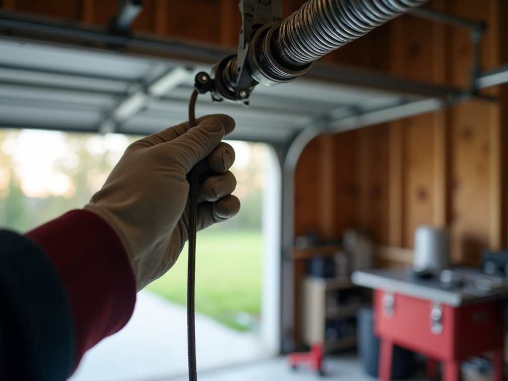 LiftMaster Garage Door Repair A garage door technician inspecting torsion springs and lift cables during a LiftMaster garage door repair service call in a Phoenix metro home.