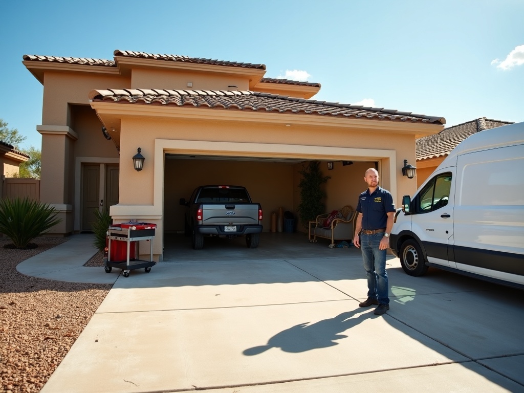 A garage door technician in a uniform stands on the driveway in front of an open two-car garage attached to a stucco home, with a white service van parked nearby.