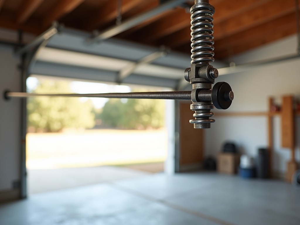 A detailed view of a torsion spring and cable assembly being serviced during a professional Stanley garage door repair in a Phoenix area home garage.
