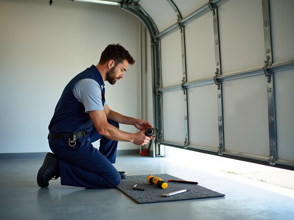 A skilled technician replacing worn rollers on a residential garage door as part of a Stanley garage door repair service call in the Scottsdale area.
