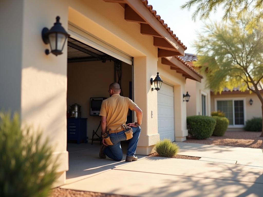A garage door technician inspecting a torsion spring during a professional garage door opener repair service call at a Scottsdale home
