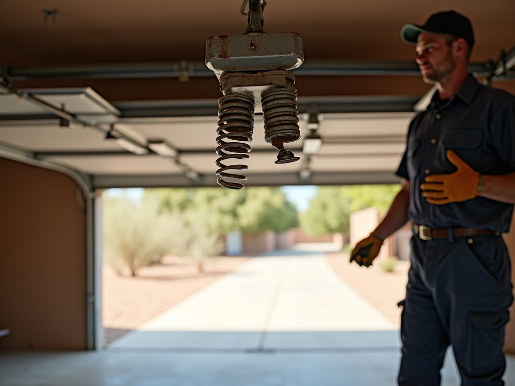 A garage door technician inspecting a torsion spring during a professional garage door opener repair service call at a Scottsdale home