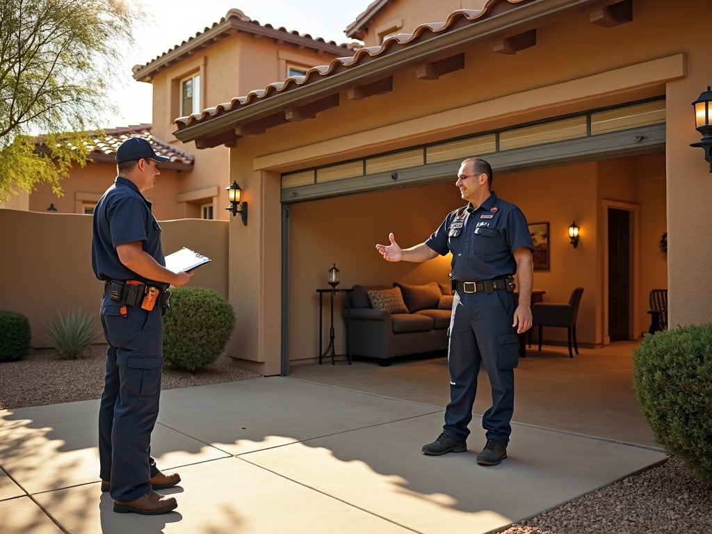 A garage door technician inspecting a torsion spring during a professional garage door opener repair service call at a Scottsdale home