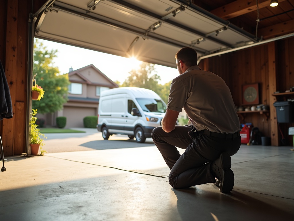 A garage door technician closely inspecting a bent garage door track straightening repair point on a residential steel door rail in warm afternoon light.