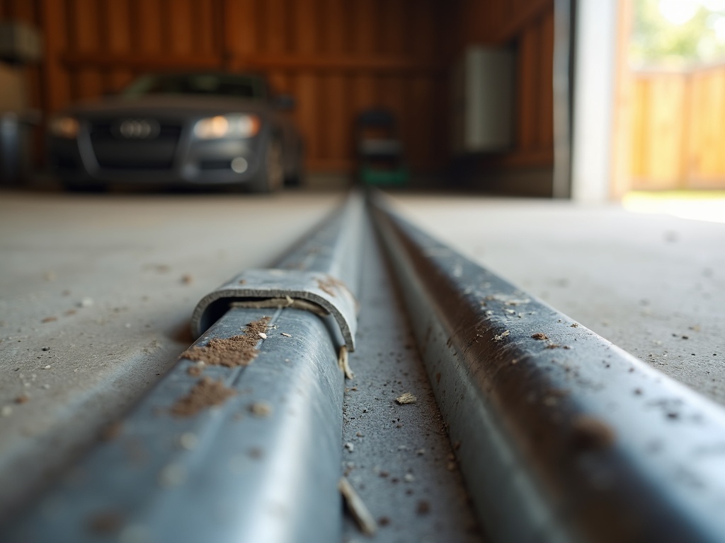 A garage door technician closely inspecting a bent garage door track straightening repair point on a residential steel door rail in warm afternoon light.