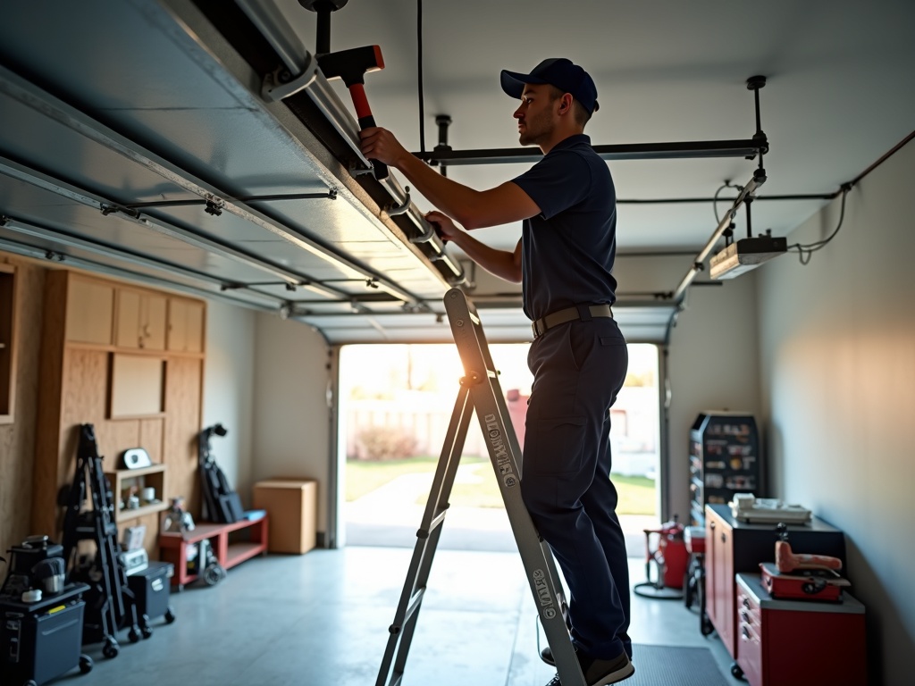 A garage door technician closely inspecting a bent garage door track straightening repair point on a residential steel door rail in warm afternoon light.