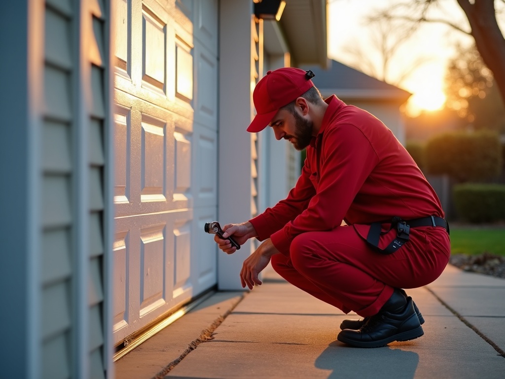 A garage door repair technician performing garage door repair scottsdale by realigning a safety sensor on a white residential garage door at dusk