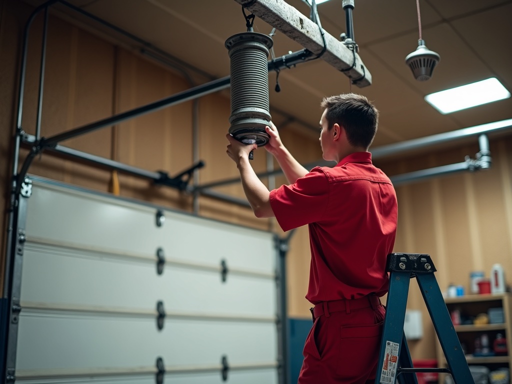 A garage door repair technician performing garage door repair scottsdale by realigning a safety sensor on a white residential garage door at dusk