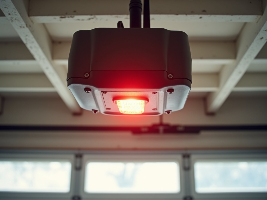 A garage door repair technician performing garage door repair scottsdale by realigning a safety sensor on a white residential garage door at dusk