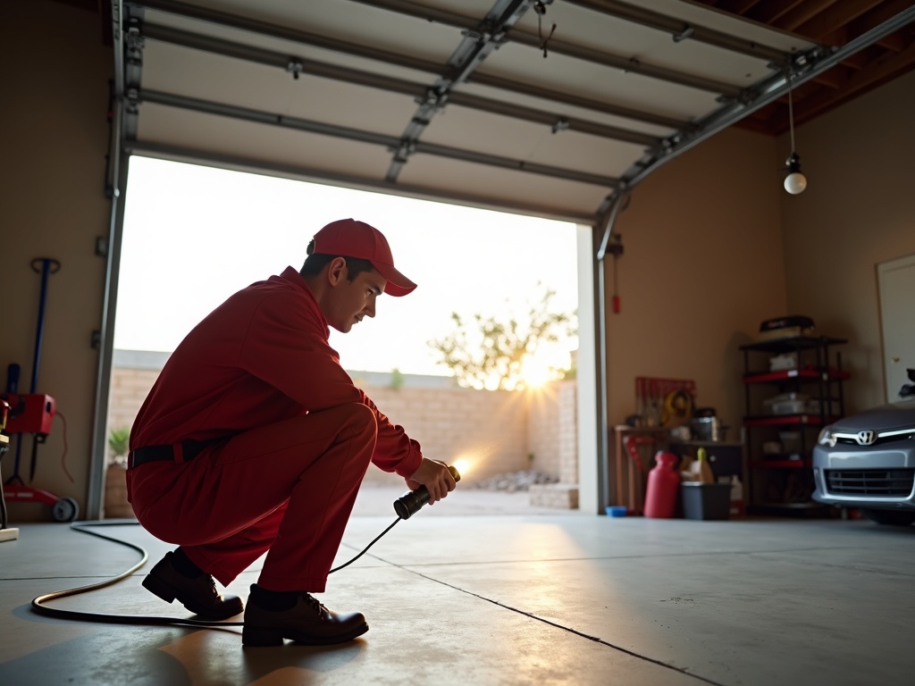 A garage door stuck halfway open mid-cycle — a common issue addressed by garage door maintenance near me professionals in the Phoenix area