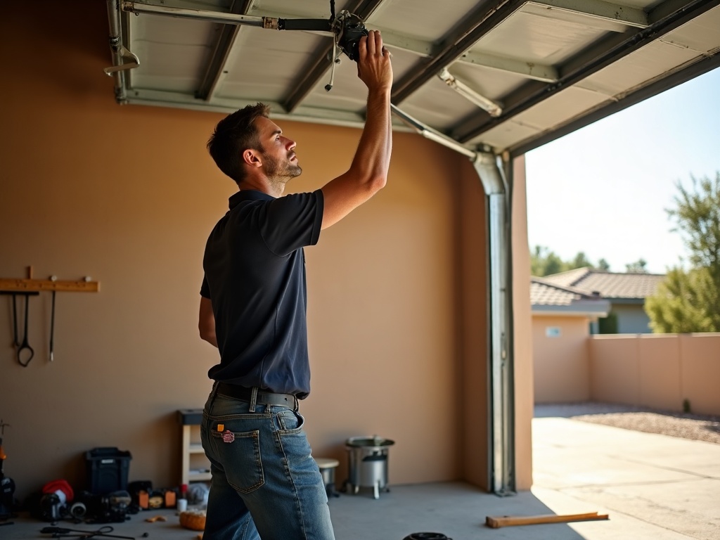 A garage door technician inspecting a broken torsion spring during a same day garage door repair service call at an Arizona home