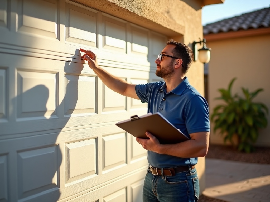 Warning Signs Your Garage Door Slams Shut Suddenly — And How to Fix It Safely A garage door technician inspecting a broken torsion spring during a same day garage door repair service call at an Arizona home