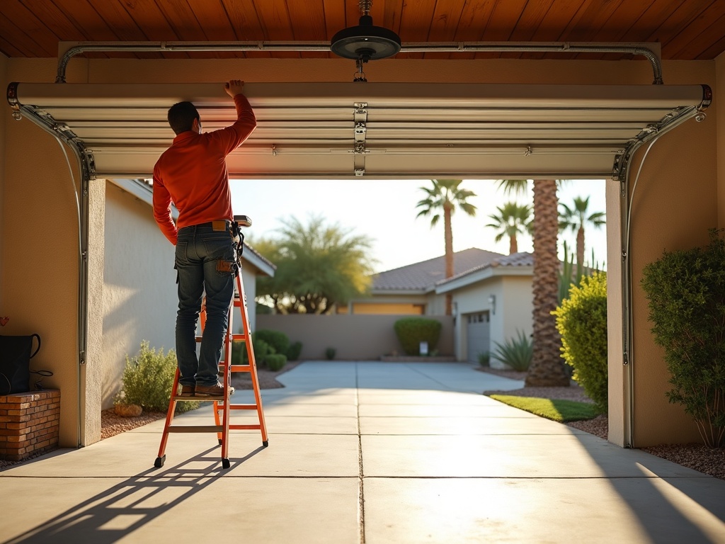 A technician performing a garage door spring repair adjustment on a residential garage door in a sunny Scottsdale neighborhood
