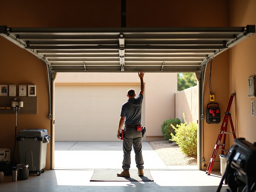 What Most Homeowners Miss About Their Garage Door Moving Unevenly — And What to Do Next A technician performing a garage door spring repair adjustment on a residential garage door in a sunny Scottsdale neighborhood