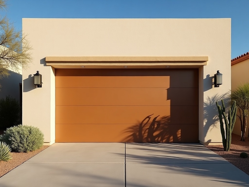 What Happens When Your Garage Door Stops Working in the Heat — And How to Stop It From Getting Worse A sun-baked residential garage door in Scottsdale showing the harsh afternoon heat conditions that commonly trigger the need for same day garage door repair.