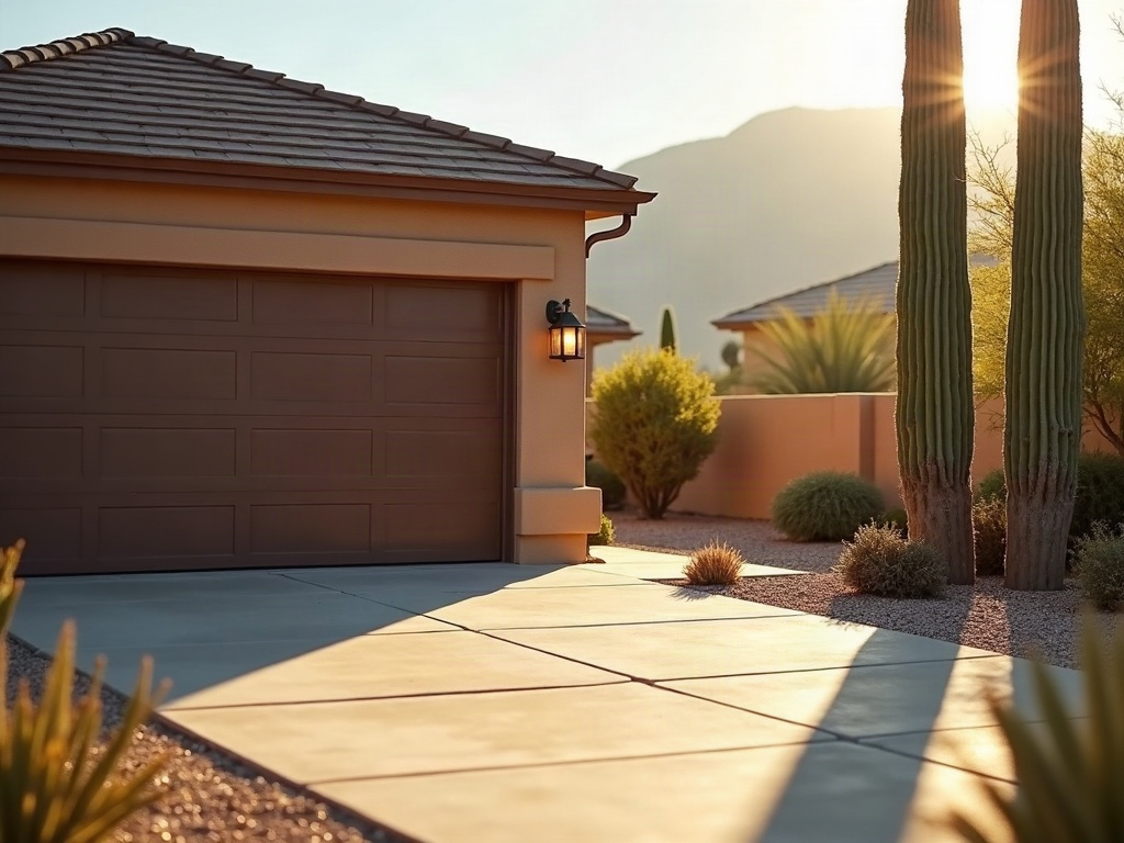 Your Garage Door Is Stuck Halfway — Here's What's Really Going On (And When to Call a Pro) A residential garage door stuck halfway open during a garage door opener repair service call in a Scottsdale-area home with desert landscaping