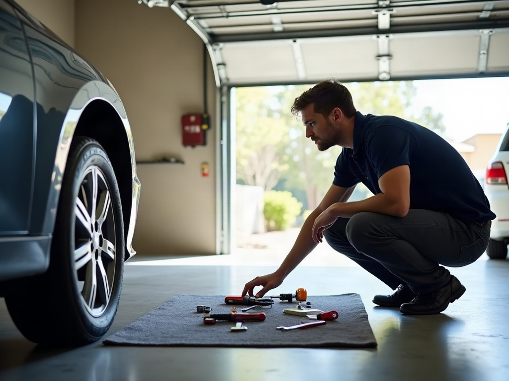 A residential garage door stuck halfway open during a garage door opener repair service call in a Scottsdale-area home with desert landscaping