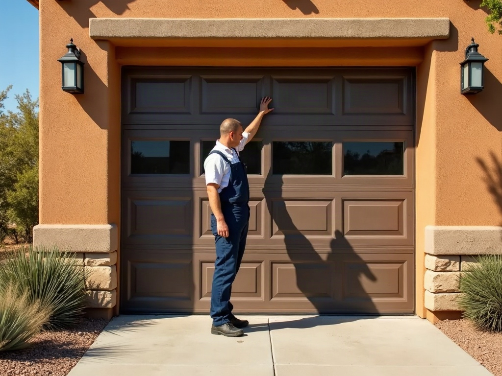What It Means When Your Garage Door Moves Unevenly — And How to Stop It Before More Damage Happens a garage door technician inspecting a torsion spring during a garage door maintenance near me service visit at a Phoenix metro home