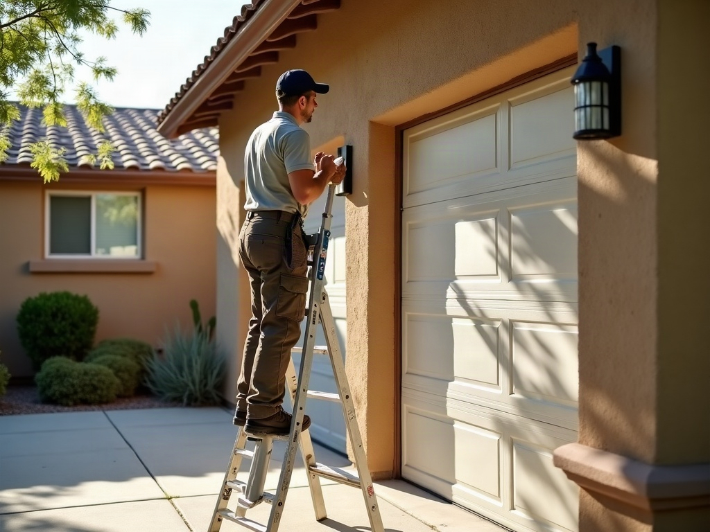 a garage door technician inspecting a torsion spring during a garage door maintenance near me service visit at a Phoenix metro home