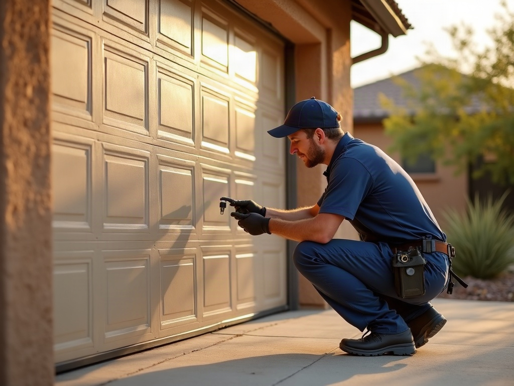What It Means When Your Garage Door Opens Then Reverses — And When to Call a Pro A garage door technician inspecting a photo-eye sensor during an emergency garage door repair service call on a Scottsdale home
