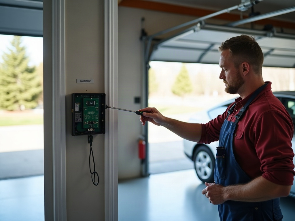 A garage door technician inspecting a photo-eye sensor during an emergency garage door repair service call on a Scottsdale home