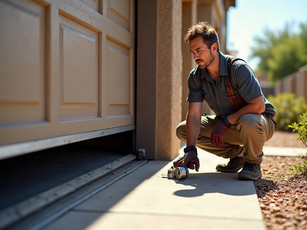 Common Reasons Your Garage Door Shakes While Closing — Before It Fails Completely A garage door technician inspecting worn rollers on a residential door in — common cause requiring same day garage door repair