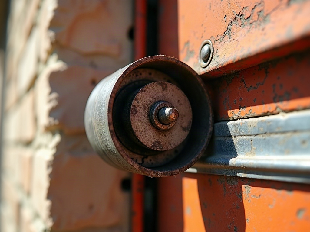 A garage door technician inspecting worn rollers on a residential door in — common cause requiring same day garage door repair
