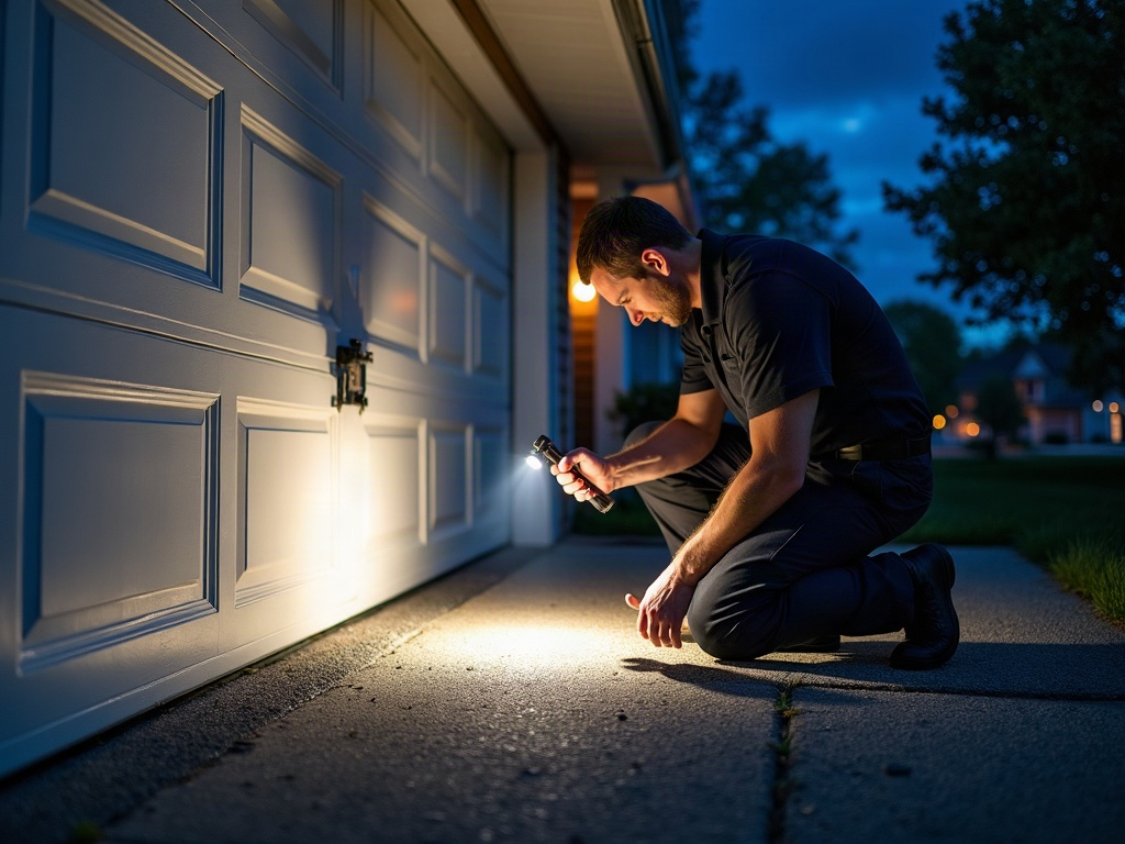 Why Your Garage Door Won't Close at Night — And What It Could Cost You If You Wait A garage door technician inspecting a sensor at night — exactly the kind of garage door service near me homeowners in Scottsdale need after dark