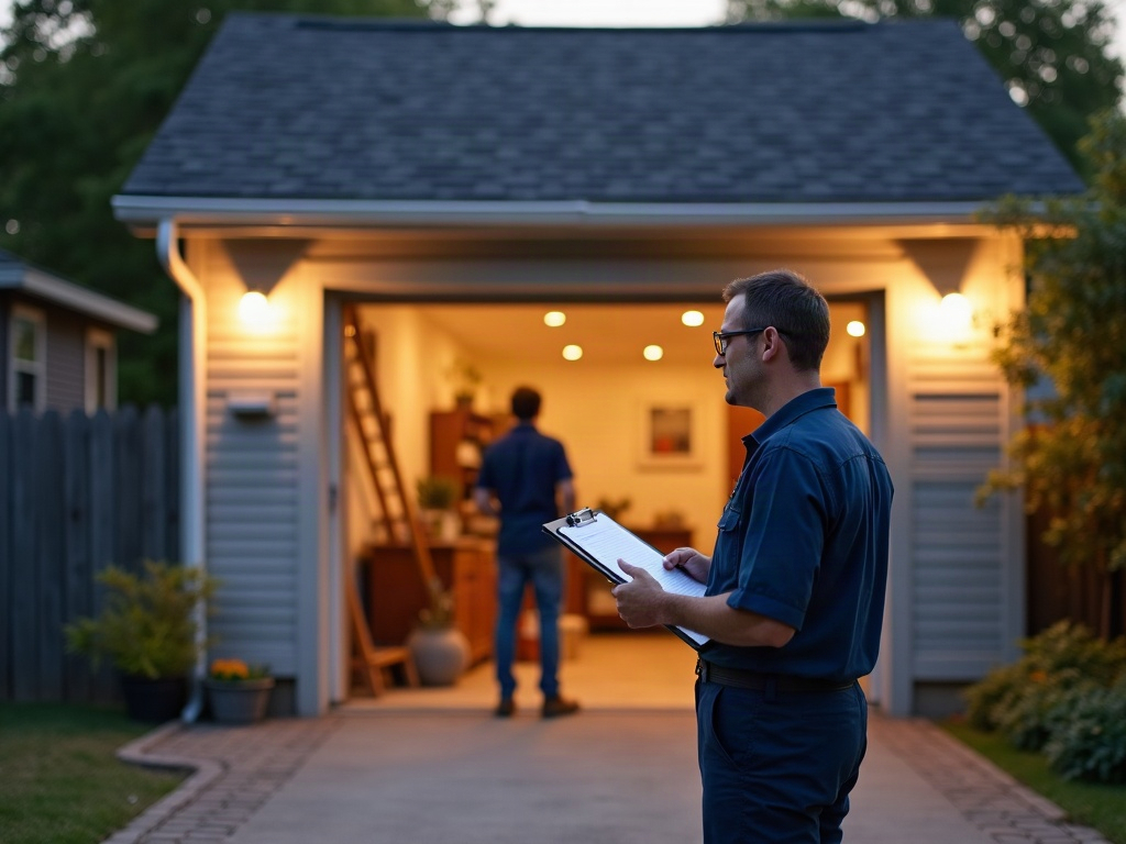 A garage door technician inspecting a sensor at night — exactly the kind of garage door service near me homeowners in Scottsdale need after dark