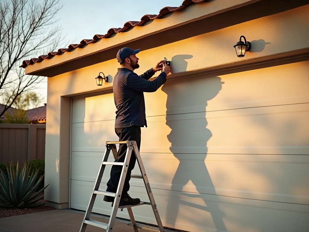 Your Garage Door Is Moving Unevenly — Here's What's Really Going On A garage door technician inspecting a torsion spring as part of a garage door spring repair service at a Scottsdale home