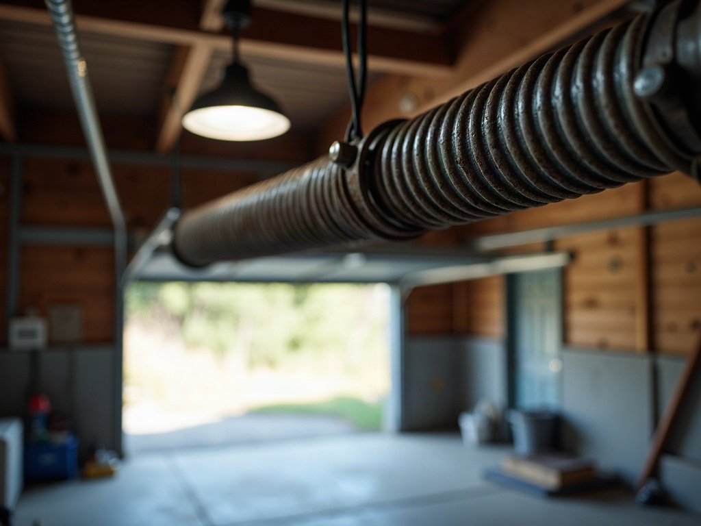 A garage door technician inspecting a torsion spring as part of a garage door spring repair service at a Scottsdale home