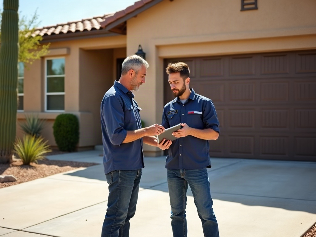 A garage door technician inspecting a torsion spring as part of a garage door spring repair service at a Scottsdale home