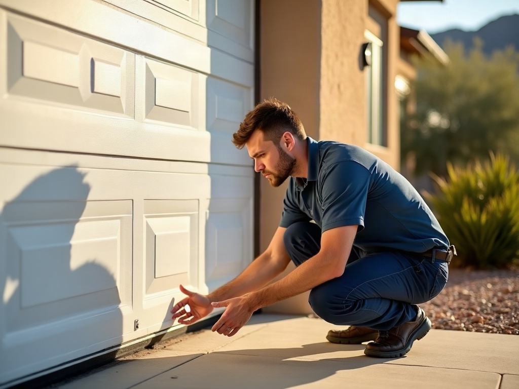 A technician performing garage door repair scottsdale by realigning a safety sensor on a modern residential garage door in a sunny Arizona neighborhood.