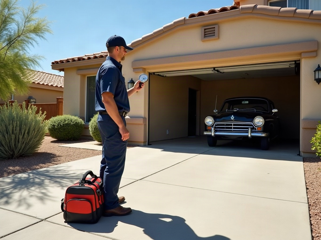 A technician performing garage door repair scottsdale by realigning a safety sensor on a modern residential garage door in a sunny Arizona neighborhood.